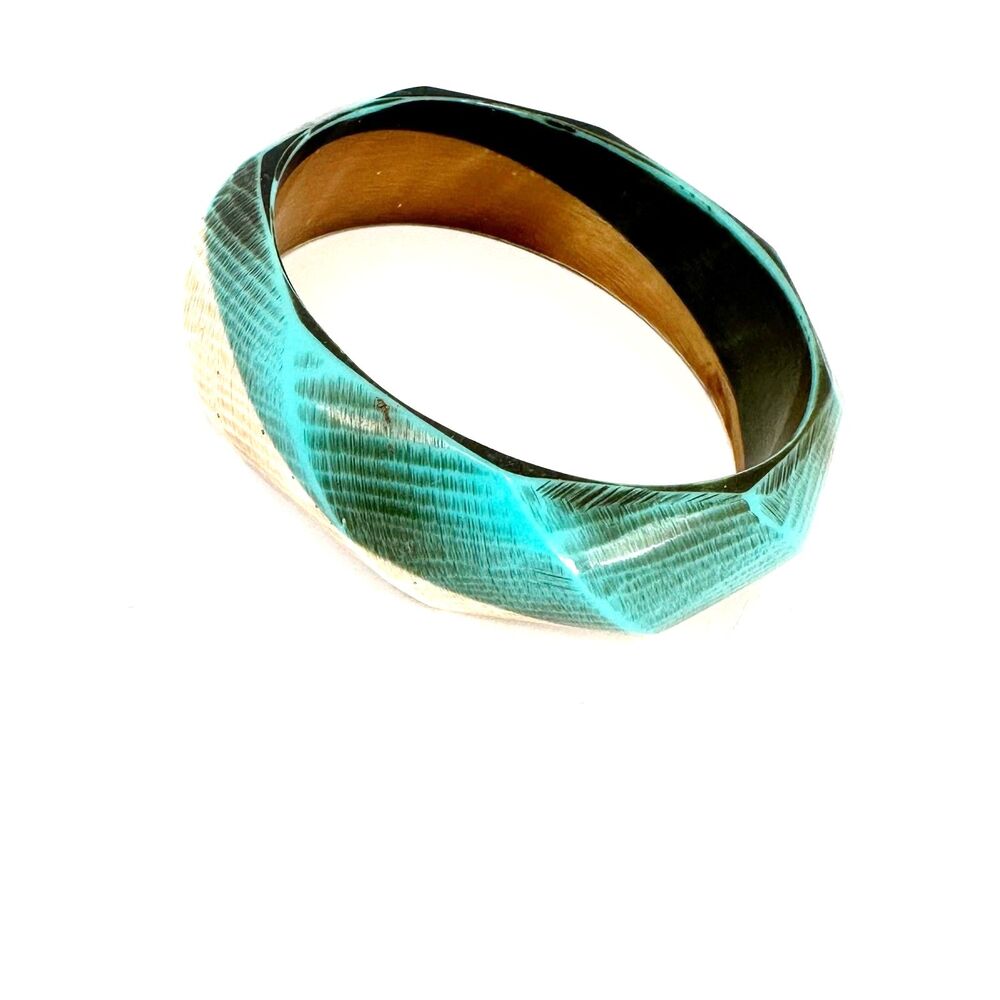 Vintage Bangle Aqua Teal and Tan Acrylic Chunky